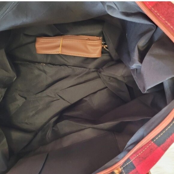 Leopard & Buffalo Plaid Duffel Bag With Brown Handles & Detachable Strap - Picture 9 of 14